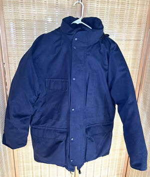 Eddie Bauer Men’s L Blue Goose Down Jacket w/ Hood Made in Canada Outdoor Size L